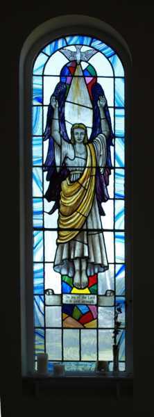 View of left hand stained glass window. In memory of Florence Croskell. 'The joy of the Lord is in your strength'