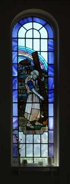 View of right hand stained glass window. In memory of Tom Croskell. 'Endeavour to work in the ways of God'